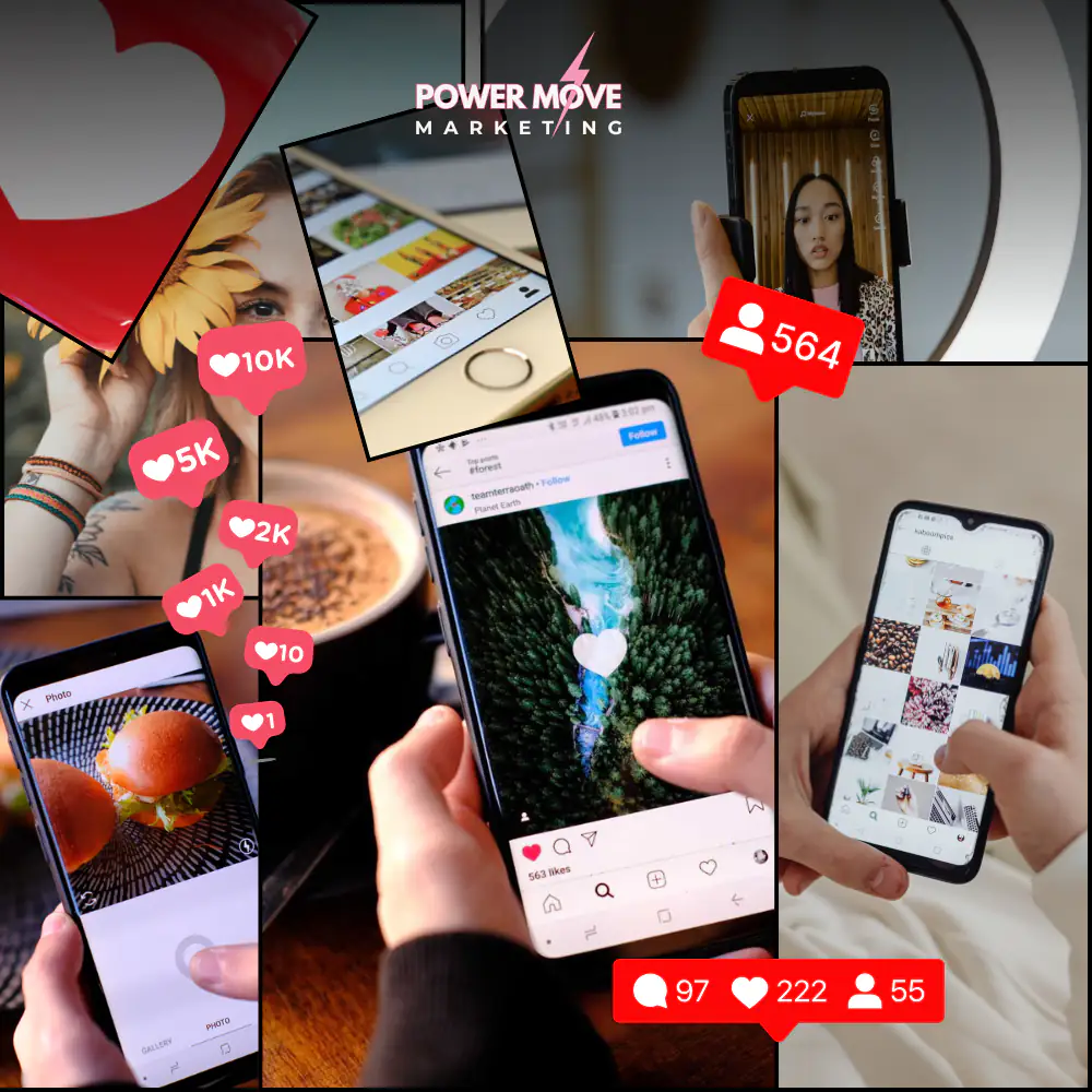 a collage of instagram related graphics, mobile phones and instagram profiles.