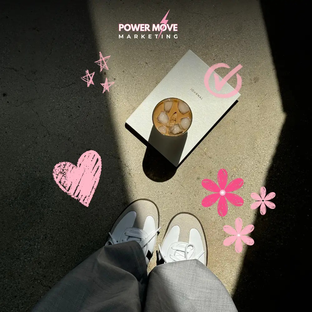 A notebook with coffee sitting on and a girls shoes