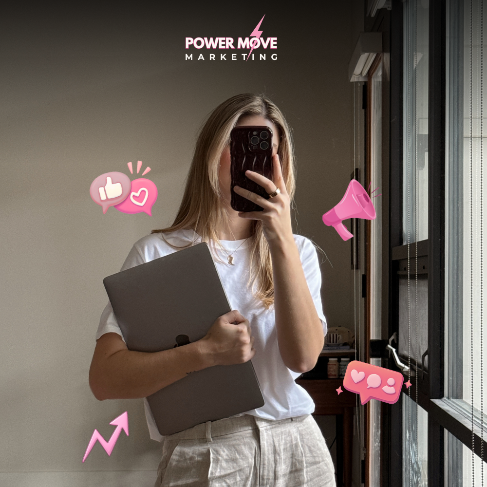 Girl taking a selfie with her laptop in hand, authentic setting and cute graphics