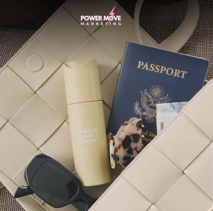 a purse with a passport, skincare, and sunglasses